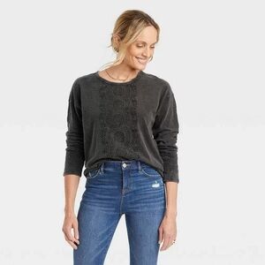 Knox Rose Lightweight Decorative Lace Sweatshirt-Black-Women Size XXL